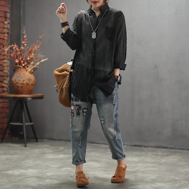 Spring Blouse Retro Loose Casual Women Shirt Tops Turn-down Collar Cardigan Button Solid color 2019 New Ladies |