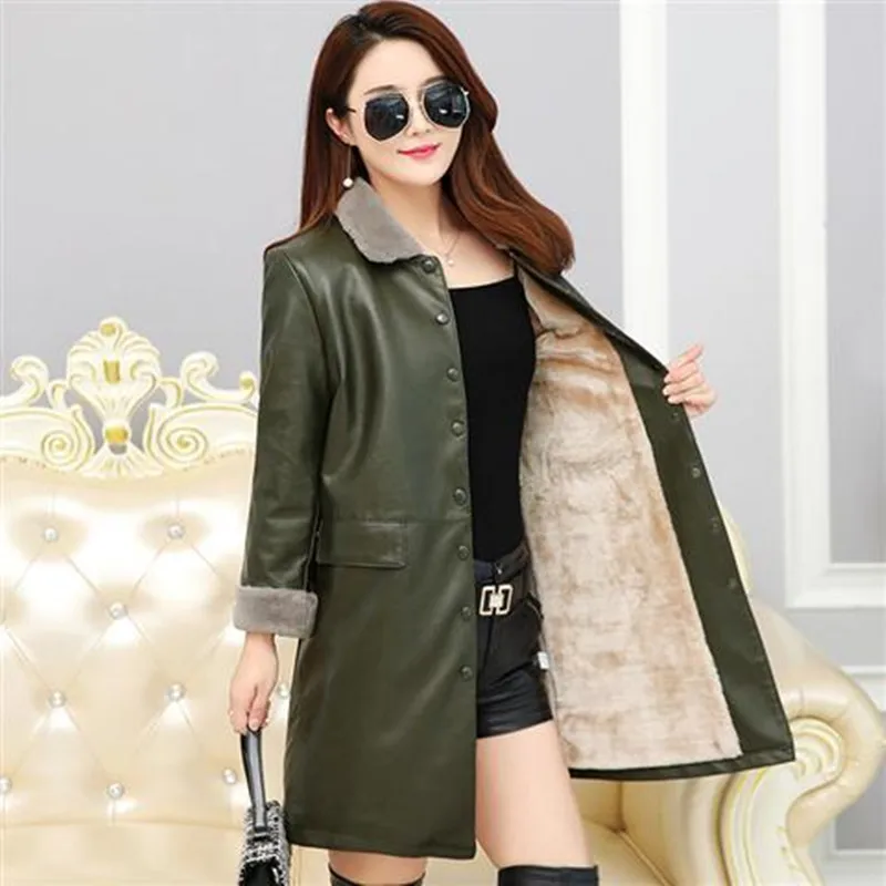 XL-5XL зимняя флисовая женская кожаная куртка pu кожаная куртка для женщин Повседневная теплая Длинная Верхняя одежда с отложным воротником Новинка