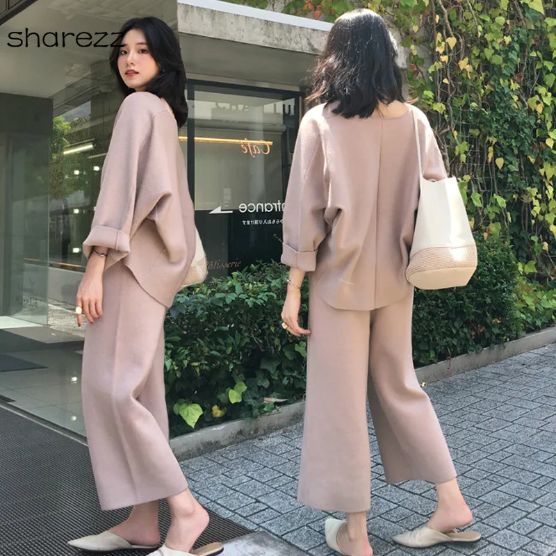 Вязаный женский Повседневный свободный свитер с v-образным вырезом комплект из