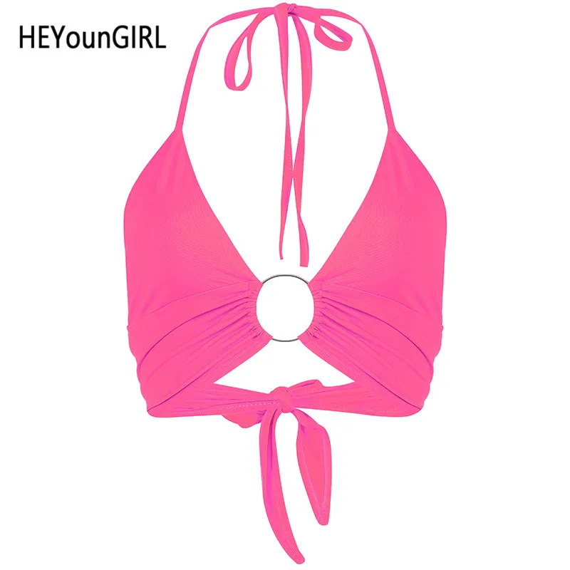 HEYounGIRL сексуальный укороченный топ на бретелях с открытой спиной, Женский Модный укороченный топ с повязкой, Женский Топ без рукавов, уличная летняя одежда - Цвет: Фуксия