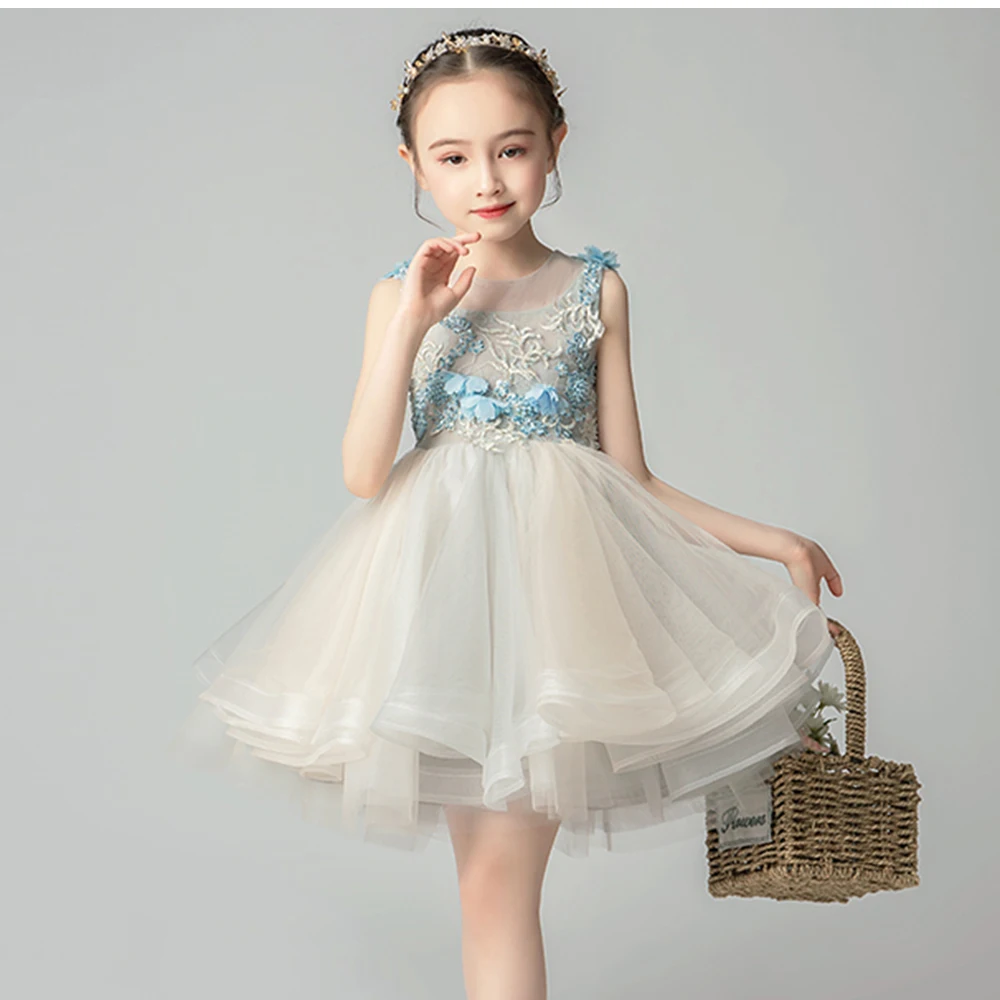 Girls Applique Sweet Dress Beads O-neck Christmas Dresses Lace Children Communion Gowns Mesh Sleeveless Sequins Ball Gown