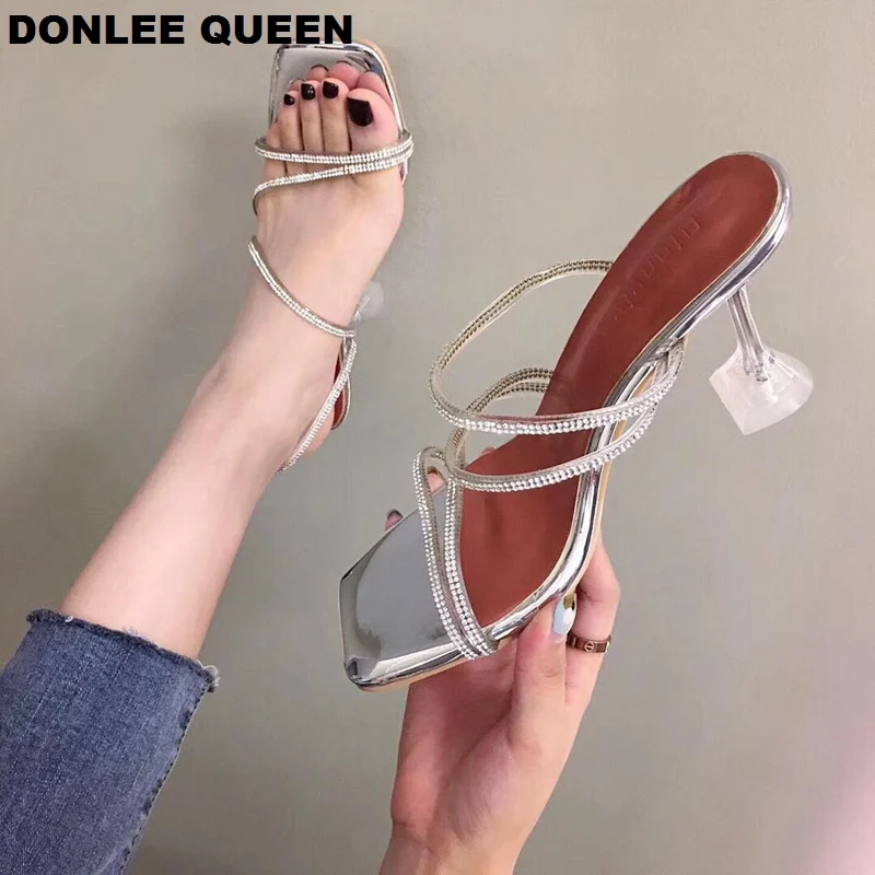 Женские босоножки со стразами прозрачные на высоком каблуке элегантная вечерние