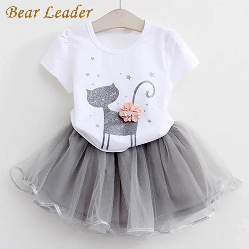 Bear leader/комплекты одежды для девочек; коллекция года; брендовая одежда для девочек; белая футболка с короткими рукавами и рисунком+ платье с вуалью; комплект из 2 предметов; детская одежда