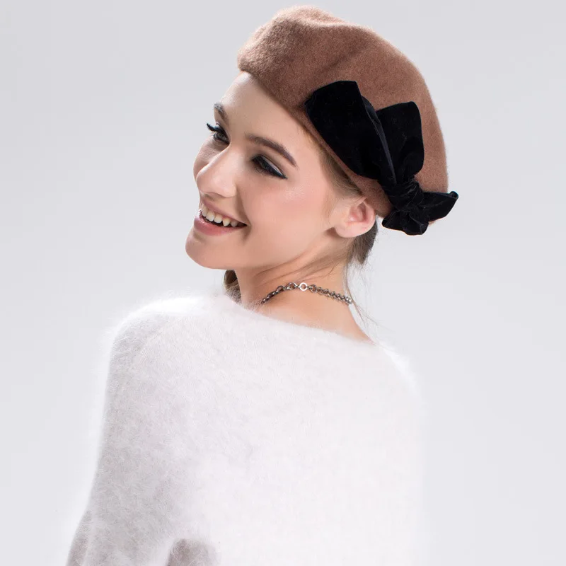 

Female Cute British Australian Wool Hat Lady Felt Beret Hat Women Artist Flat Cap Bow Boina Feminino Girls Berets Cap B-7339