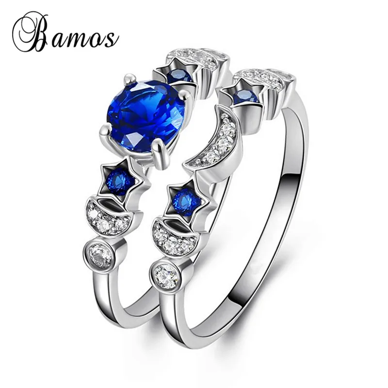 Bamos Dainty Blue Cubic Zirconia Star лунное кольцо Набор Мода стекируемые Свадебные Кольца для женщин белое позолоченное ювелирное изделие - Цвет основного камня: Blue