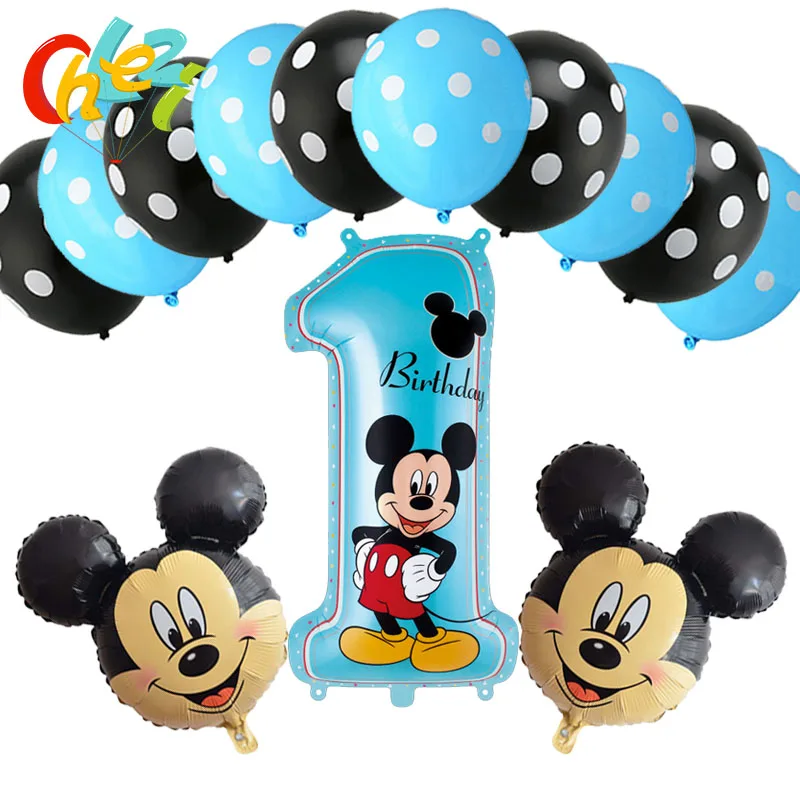 modelling Mickey 1 13 шт., вечерние шары на день рождения, с цифрой 1, 2, 3 года, с Микки Маусом, синие, черные, латексные гелиевые шары в горошек, детские игрушки, душ для маленьких мальчиков - Цвет: modelling Mickey 1