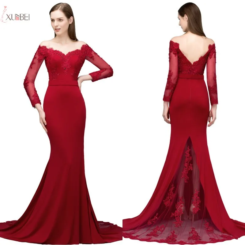 2019 элегантное бордовое атласное платье-Русалка с длинным рукавом платья