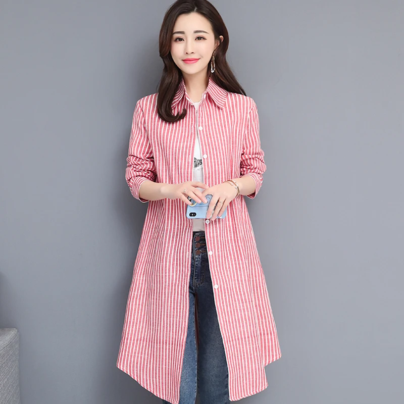 Весна 2020 новинка Женская хлопковая и льняная рубашка в полоску большого размера
