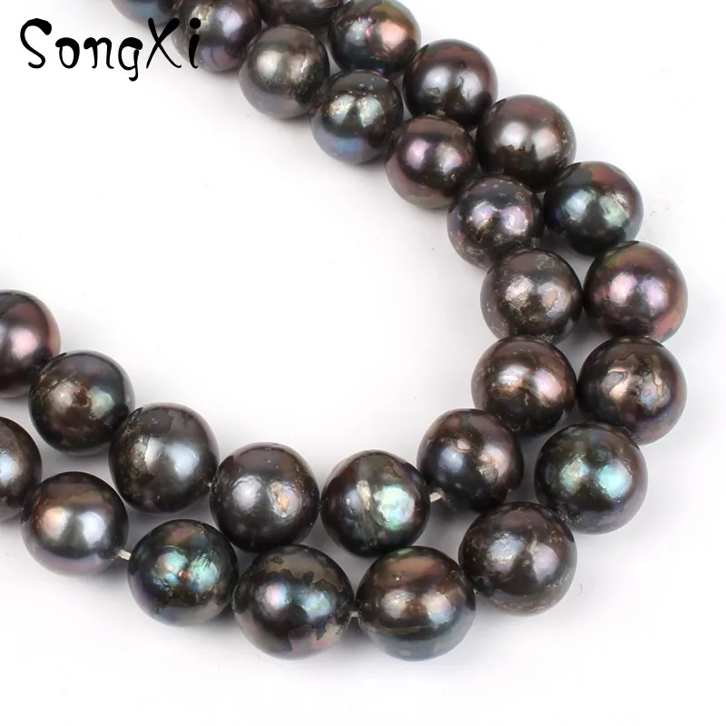 12 мм натуральный блестящий черный пресноводный жемчуг свободные бусины для