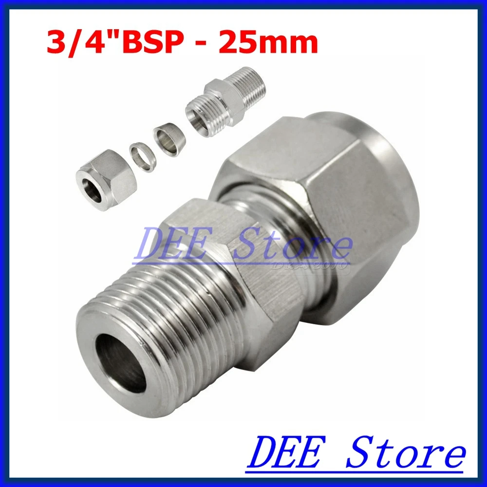 

3/4"BSP x 25mm ID Double Ferrule Tube Pipe Fittings Threaded Male Connector Stainless Steel SS 304
