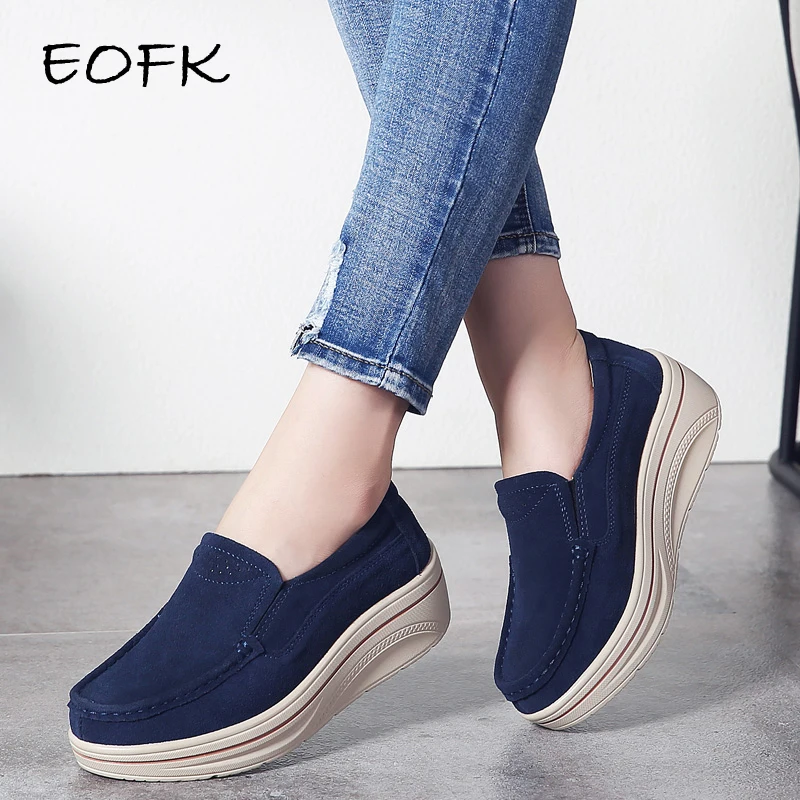 Женские замшевые мокасины EOFK Осенние лоферы на плоской платформе без застежки из