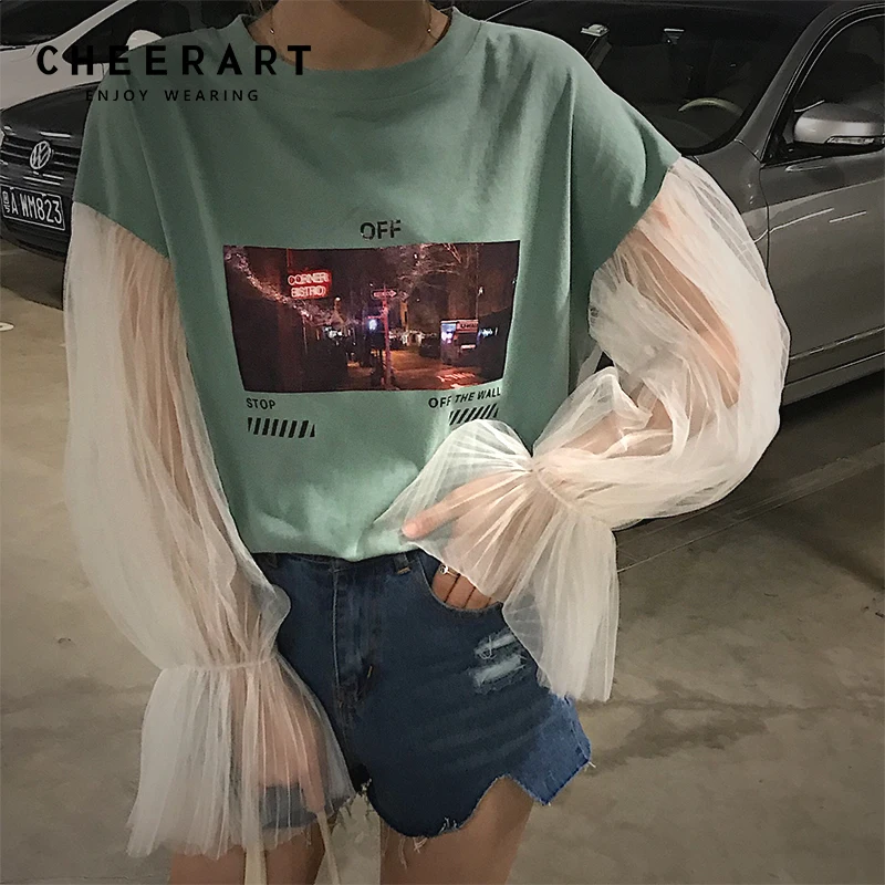 Cheerart летняя футболка женская с длинным рукавом сетчатый топ корейский стиль