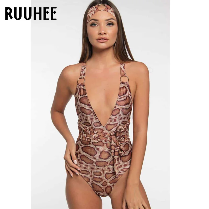 RUUHEE, сдельный купальник, женский, сексуальный, v-образный вырез, боди, змеиный принт, купальник, открытая спина, купальник для женщин, бикини