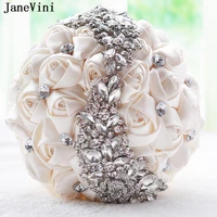 janevini 2018 luxury ivory satin rose wedding bouquets with crystal diamond artificial bridal bouquets women wedding accessories