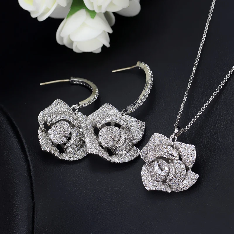 ThreeGraces, модные ювелирные изделия для свадебной вечеринки, кубический циркон, микро проложенный большой висячий цветок розы, серьги, ожерелье, наборы для женщин JS096