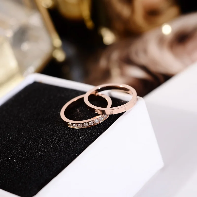 rose gold YUN RUO, новинка, 2 в 1, два кольца, набор, шикарное, розовое золото, цвет, модное, титановая сталь, ювелирное изделие, подарок на свадьбу, день рождения, для женщин, не выцветает - Цвет основного камня: rose gold
