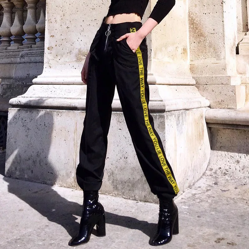 Брюки карго Штаны Для женщин 2018 Осень Хип Хоп Уличная джоггеры круг Молния fly пару