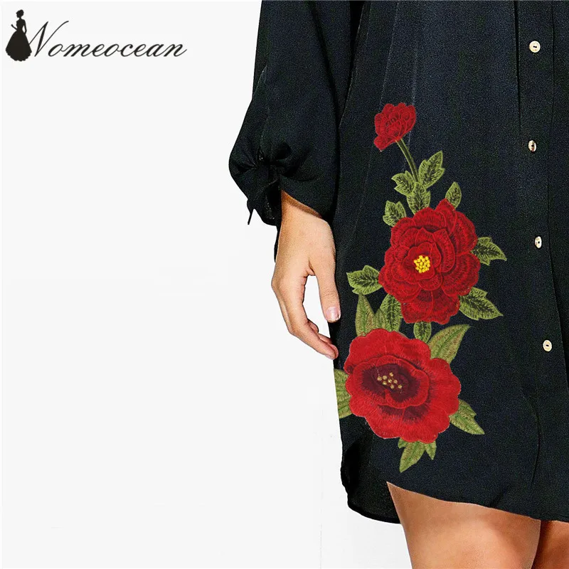 3XL-7XL цветочный Вышивка Для женщин Платья для осень 2017 г. связанные манжеты Slash