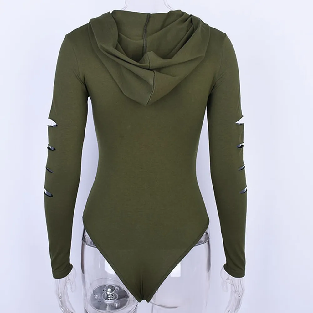 Женское боди с длинным рукавом однотонное облегающее на молнии капюшоном|Боди| |