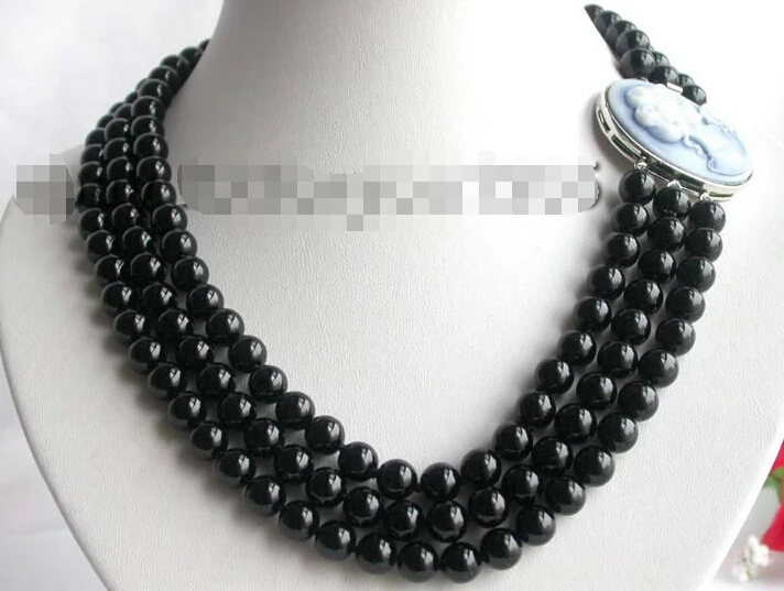 FREE shipping&gt&gt&gt&gt21&quot 3rows Natural 8mm Round Black Agate Necklace Cameo! | Украшения и аксессуары