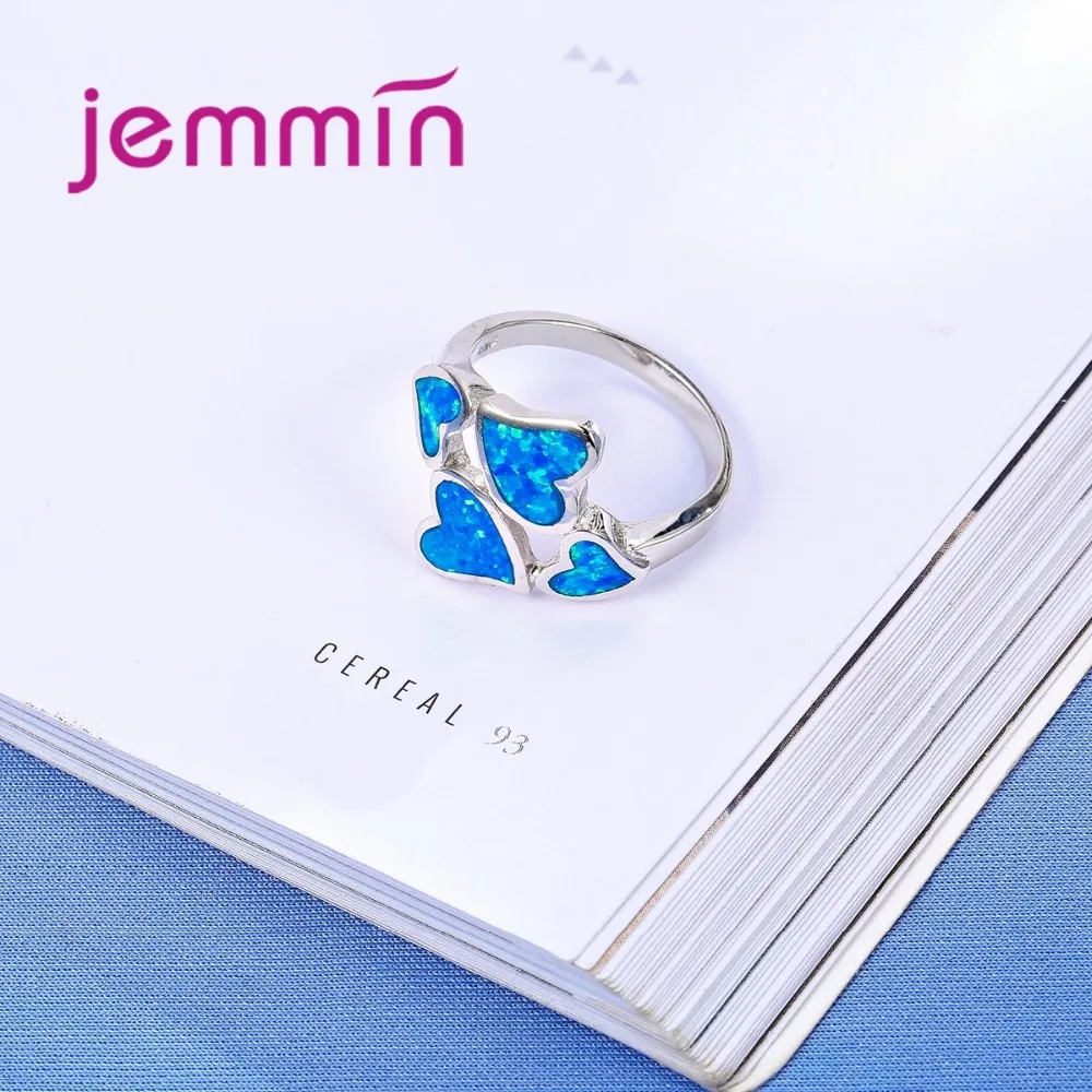 Уникальный дизайн голубой огненный опал Обручение кольцо 4 сердца 925 пробы