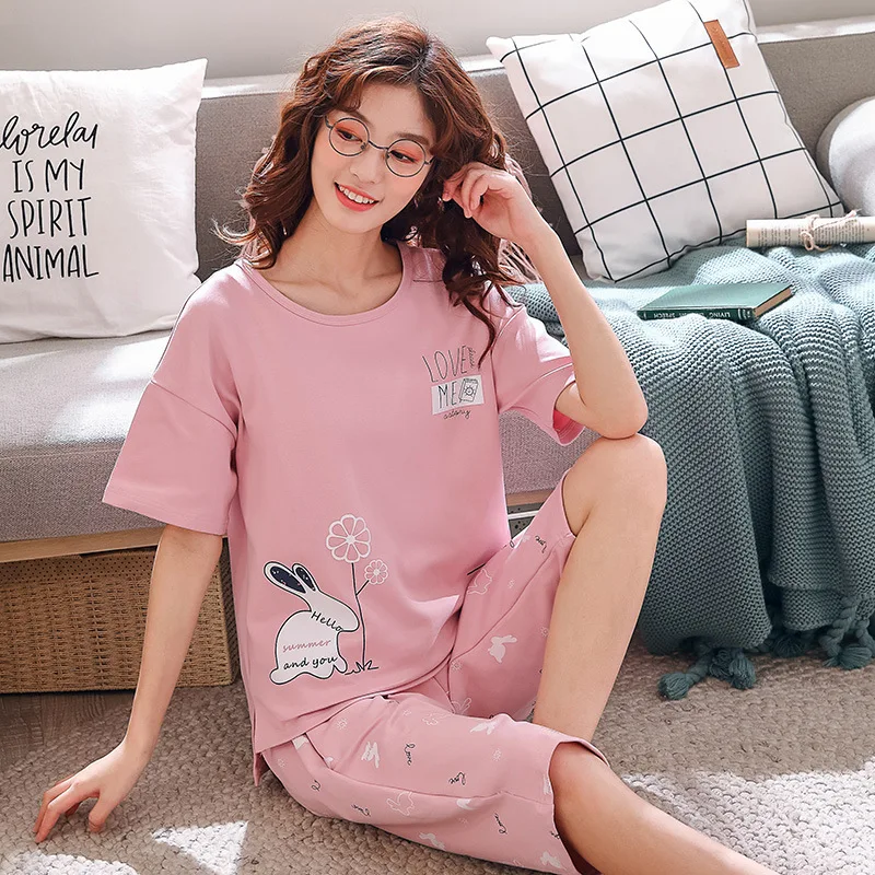 Jimiko women Pyjama short-sleeved T-shirt shorts 2 pcs set pajamas cartoon rabbit print Sleep Lounge Pajama mujer summera | Женская