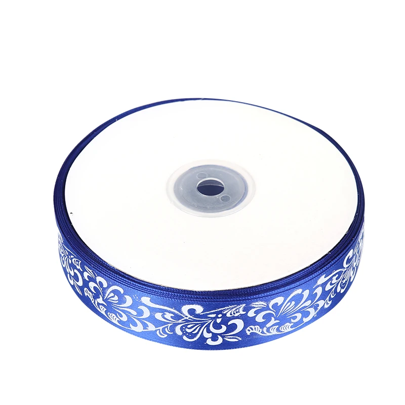 Атласная лента с сине белым фарфоровым принтом 1 дюйм 25 мм|Ленты для шитья| |