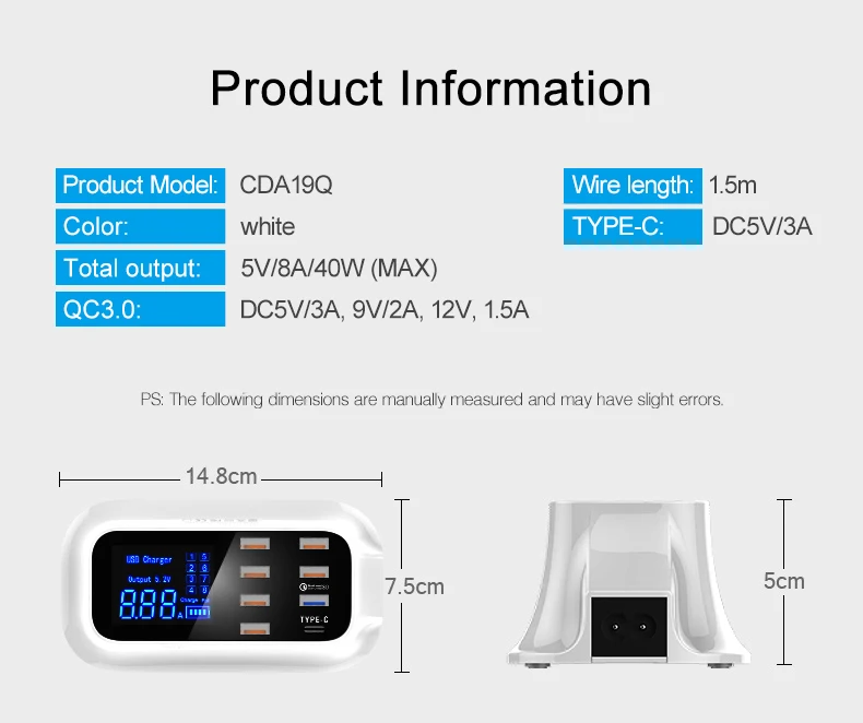 Быстрая зарядка 3,0 usb type C зарядное устройство со светодиодным дисплеем Быстрая зарядная станция телефон планшет USB зарядное устройство для iPhone samsung адаптер
