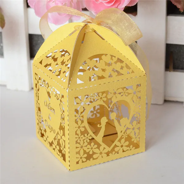 gold pearl Gold metallic paper laser cut personalized wedding sweets box - Цвет: gold pearl