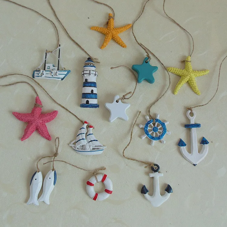 

5pcs/lot Mediterranean Style Blue Sea Star Fish Lighthouse Rudder Ocean Beach Ornaments Resin Crafts Hanging Decoration MP 006