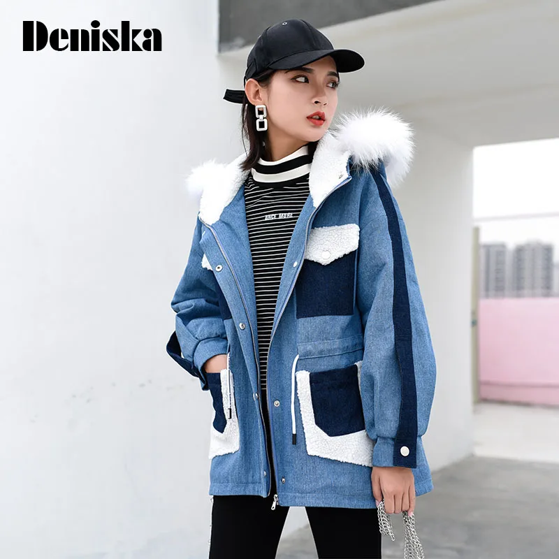 Дениска Зима Новинка 2017 года джинсовая куртка Мода с капюшоном Для женщин