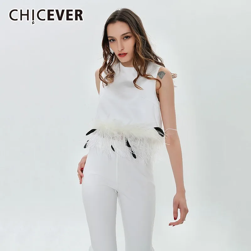 CHCIEVER Повседневная однотонная белая Лоскутная Женская рубашка с перьями и круглым вырезом без рукавов, свободные шорты, женские топы, мода, новинка