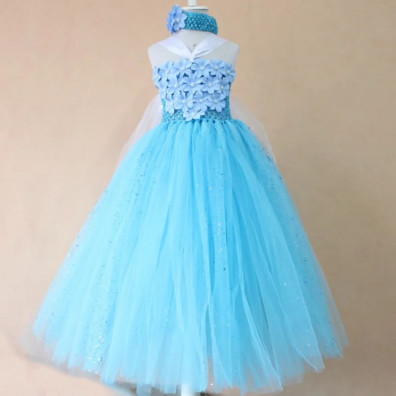 Сверкающее бирюзово-голубое длинное платье-пачка для маленьких девочек