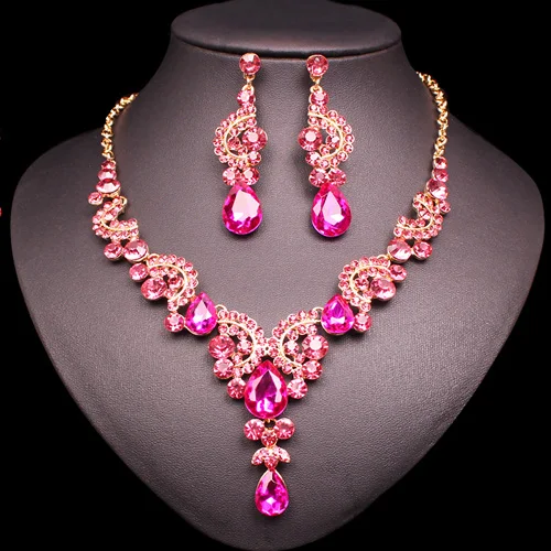 2 pcs suit pink Модный, индийский, свадебный набор серег ожерелье Дубай роскошный кристалл свадебные комплекты ювелирных изделий золотой цвет женский костюм Ювелирные изделия Подарки - Окраска металла: 2 pcs suit pink