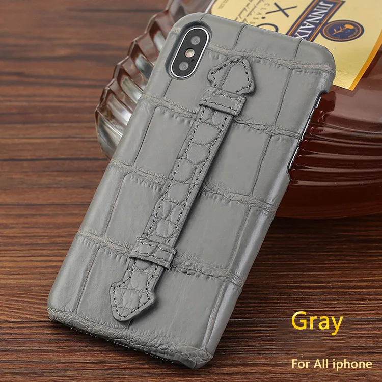 Gray Чехол из натуральной крокодиловой кожи чехол для Iphone 6 S 7 8 Plus X XS MAX XR роскошный чехол ручной работы Croco кольцо ремень для Iphone X 6 Plus - Цвет: Gray