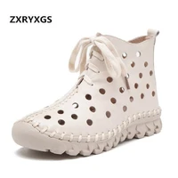 2022 summer fashion hollow full genuine leather shoes sandals women handmade suture women boots lace comfort soft casual boots