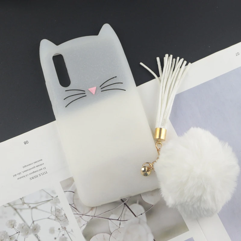 HuxuClear With Ball Милый 3D мультяшный силиконовый чехол для samsung Galaxy A50 A70 A30 A20 A10 чехол s Япония блестящая борода кошка кошечка с милыми ушками чехол для телефона - Цвет: HuxuClear With Ball