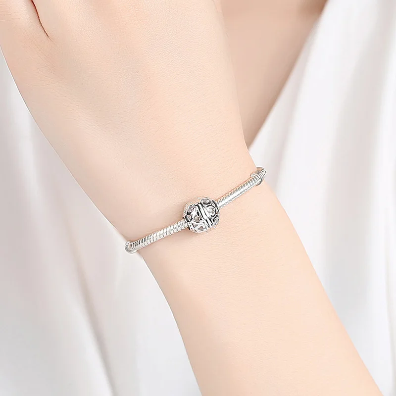 

ELESHE Vintage 100% 925 Sterling Silver Openwork Heart Round Charms Bead Fit Original Bracelet & Bangle DIY Jewelry