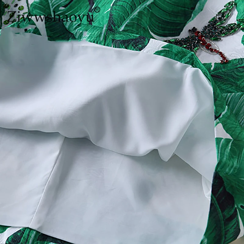 

Ziwwshaoyu Summer Designer Dress Women's High Quality Green Leave Printed Insect Diamond Beading Embossed Strap Dress 2XL