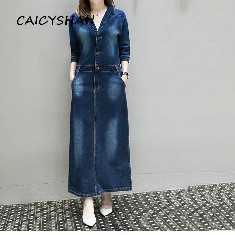 

New Spring Autumn Women Dresses Turn-Down Colllar Casual Loose Long-Style Solid Button Jeans For Females Slim Denim One-Piece