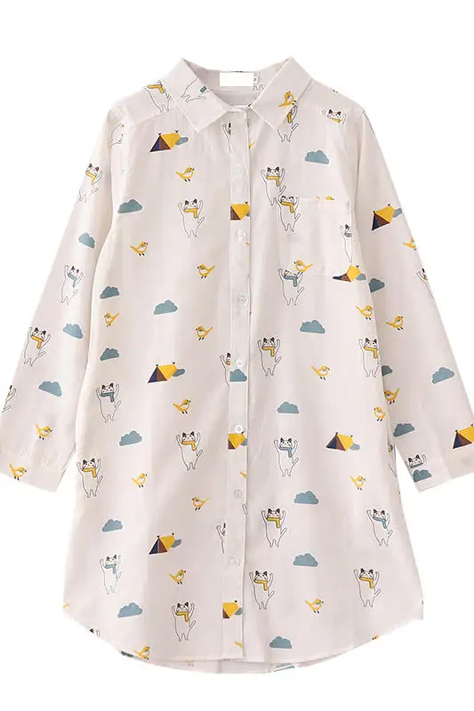 Autumn Forest Department Long Sleeve Women Shirts Lapel Loose Cartoon Female Print Cotton Blouse Camisas De Mujer |