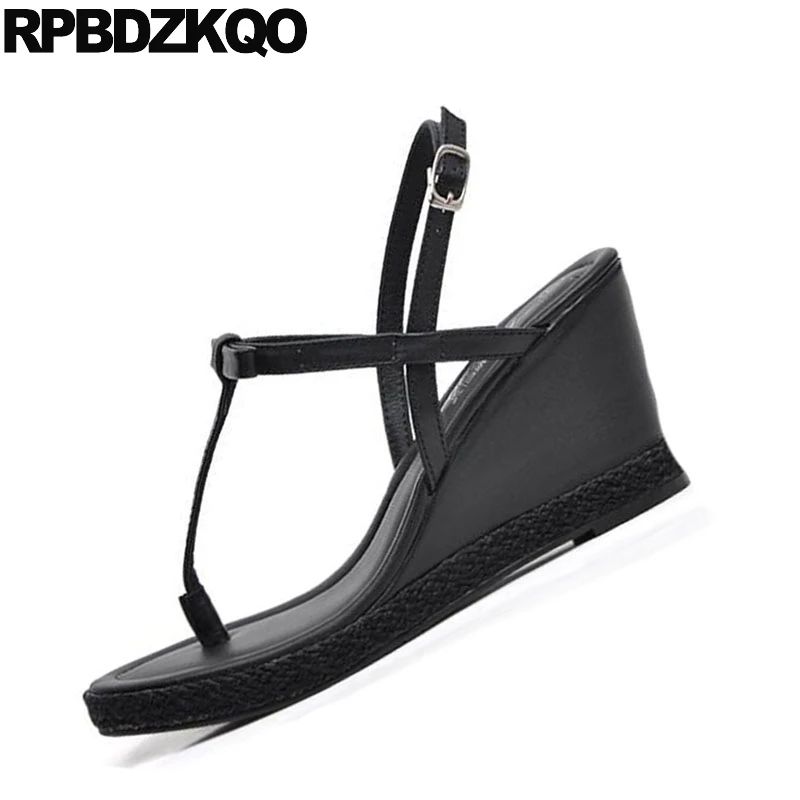 Черный лук обувь плеть лето Настоящая кожа две ремешок сандалии Slingback насосы бежевый клин T женщины мягкий высокий каблук галстук-бабочка клинья Лето