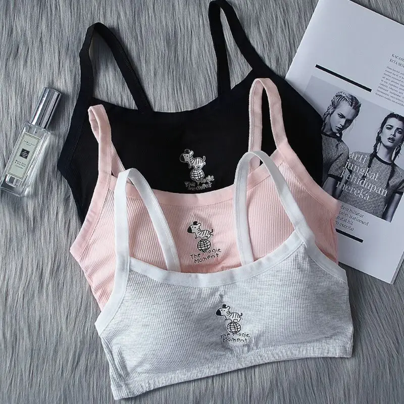 

Student Girl Spaghetti Straps Training Bra Underwear Cute Cartoon Zebra Planet Print Bralette Thread Ribbed Wireless Vest