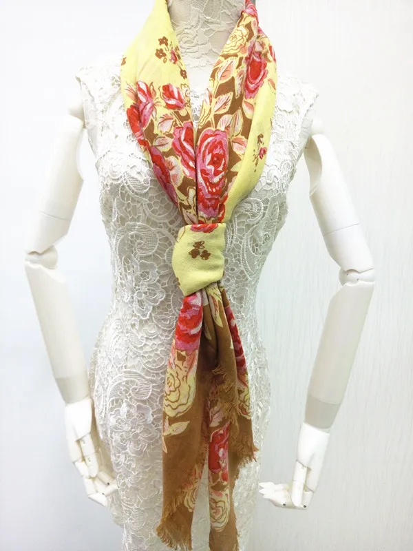 Новинка 2015 женский модный квадратный шарф из 100% шерсти желтый с цветами размер: