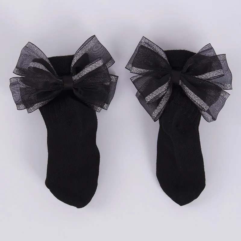 Black Black Silk Bow Новые детские носки для девочек, носки с бантиками для младенцев, хлопковые носки до лодыжки, носки для маленьких девочек, носки принцессы - Цвет: Black Black Silk Bow