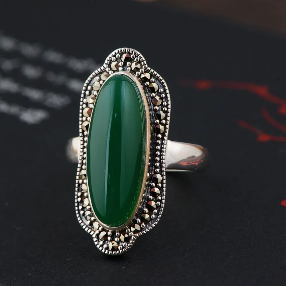 FNJ 925 Серебряное черное кольцо модное зеленое халцедон S925 Стерлинговое Тайское Серебро Кольца для женщин ювелирные изделия регулируемый размер