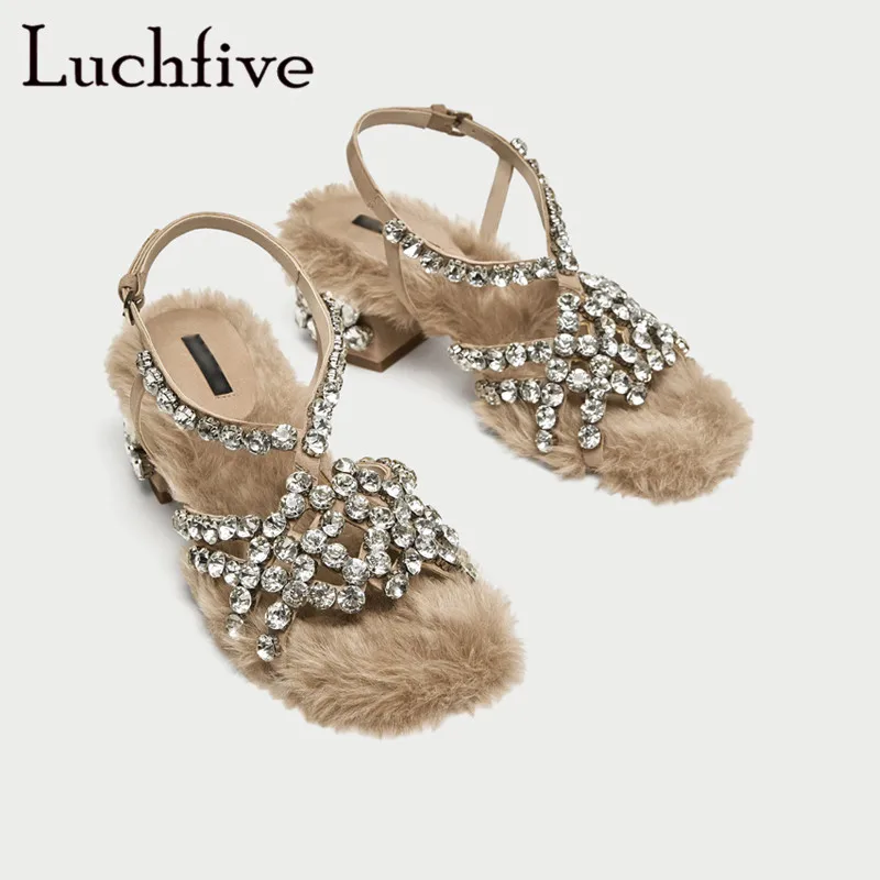 Luchfive 2018 Новое поступление Перо Кристалл Туфли с ремешком и пряжкой открытым