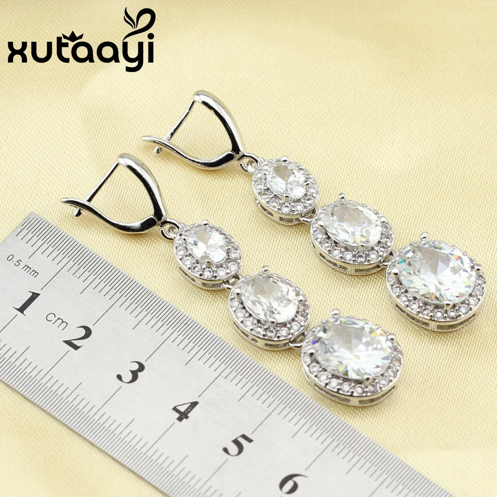 XUTAAYI Jewelry Sets Round White CZ Silver Color For Women Necklace Pendant Bracelets Long Earrings Rings Free Gift Box | Украшения и
