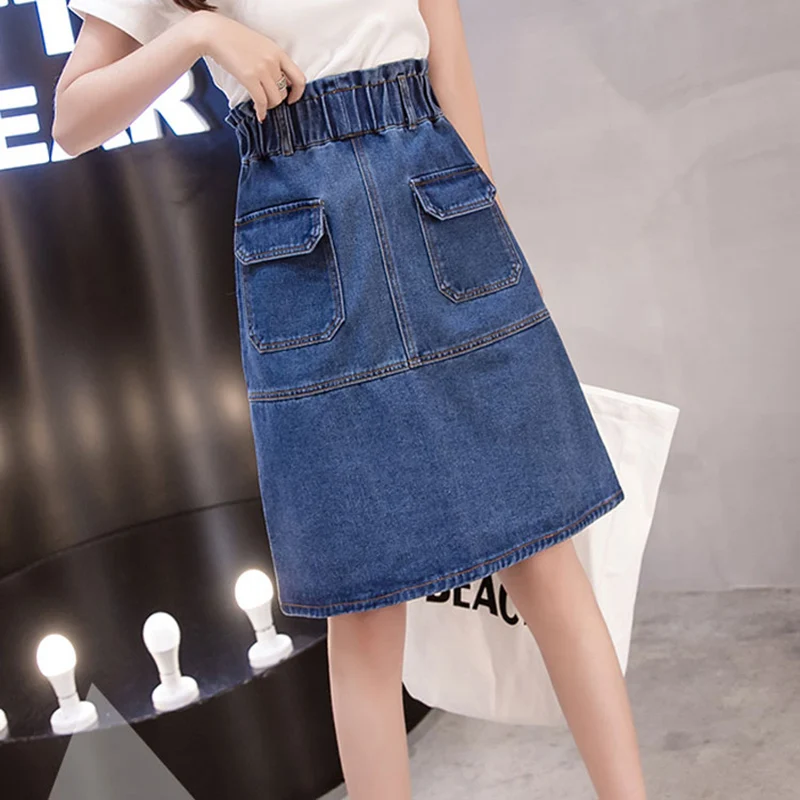 

Fashion denim skirt Medium length paragraph women summer new a word elastic waist was thin high waist wild bag hip skirt female