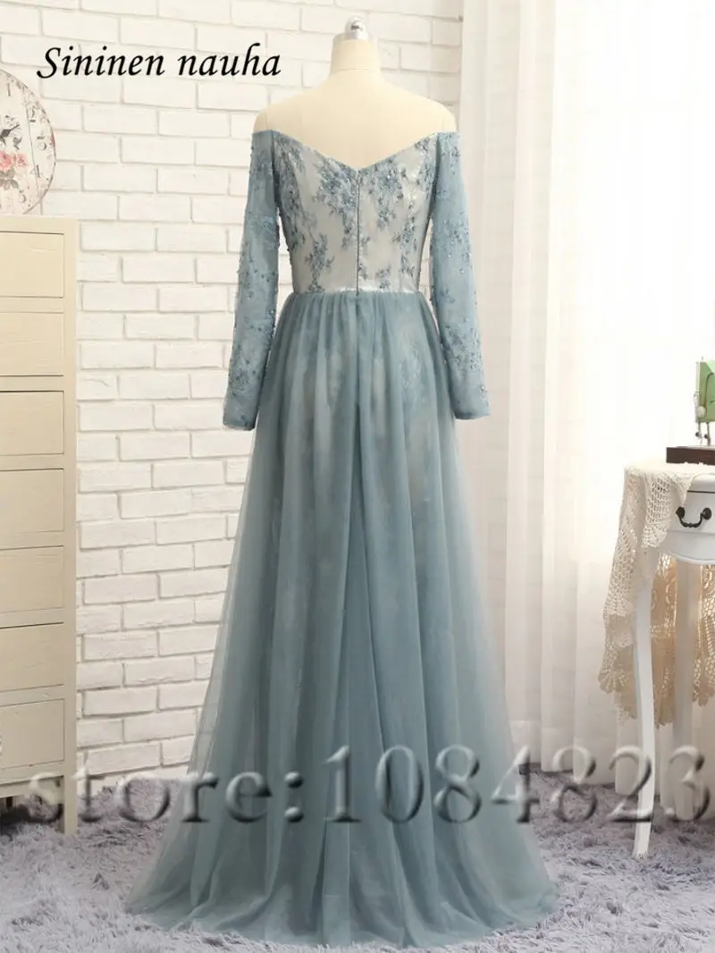 

Long Evening Party Dresses With Sleeves V Neck Lace A Line Tulle Split Formal Prom Dress Vestidos De Festa Robe De Soiree 180